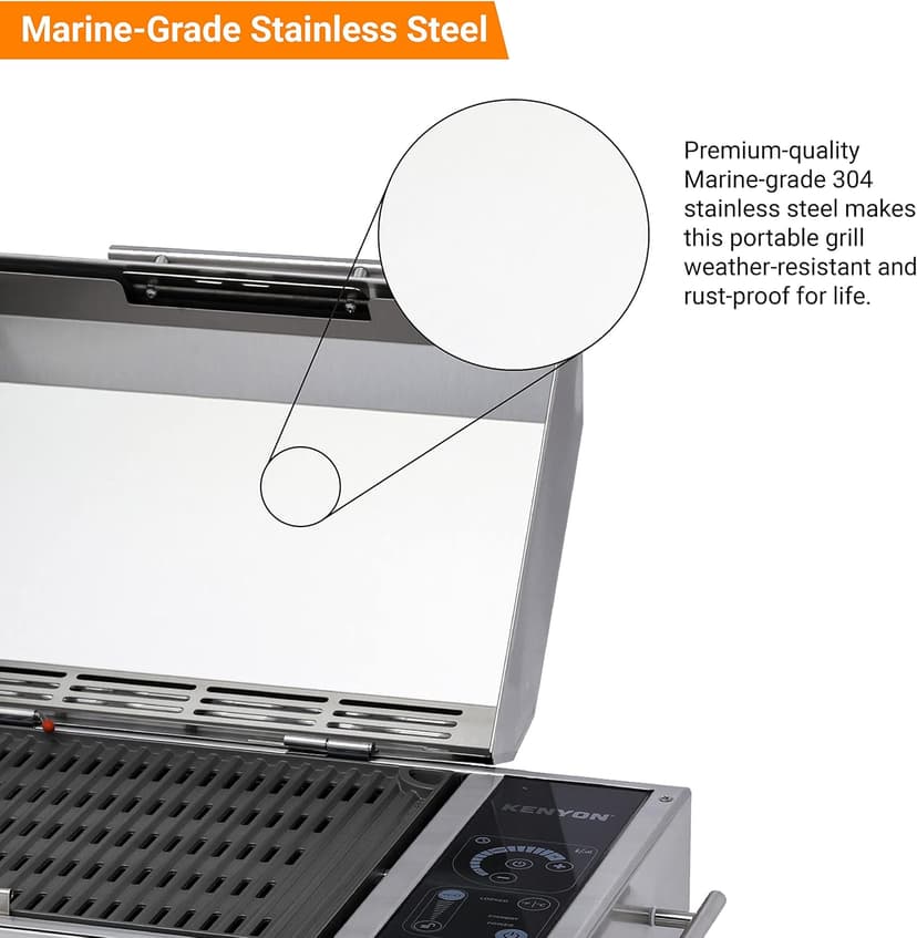 KENYON Frontier Portable Electric Grill, Single Burner With IntelliKEN Touch Control, Stainless Steel Body, Rust-Proof Grill, UL-Approved For Indoor And Outdoor Use, Dishwasher Safe Grates, 120V