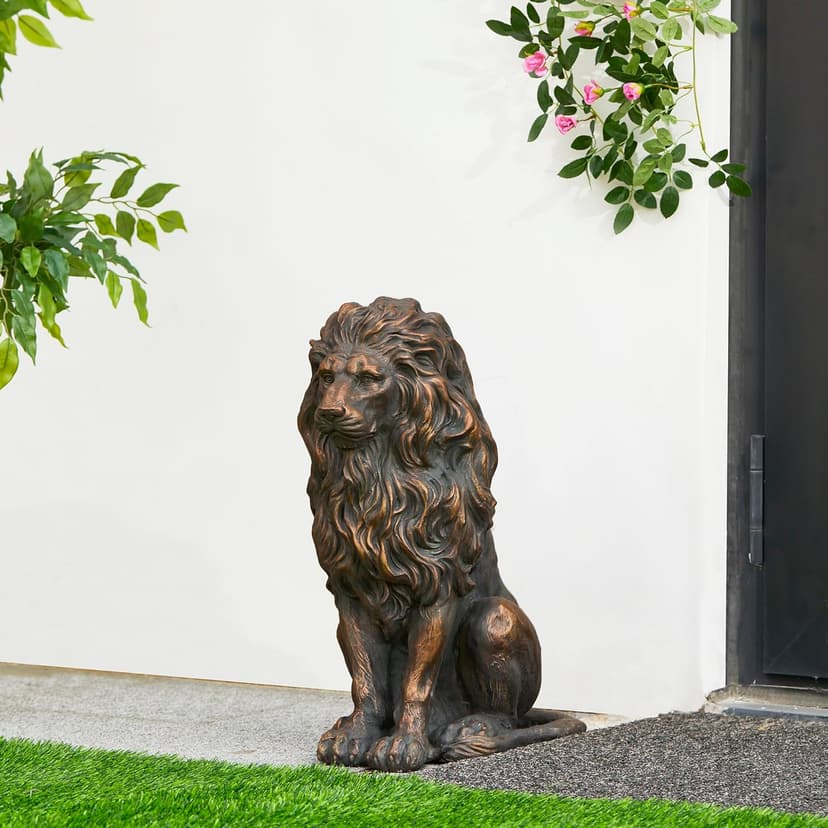 Glitzhome Guardian Sitting Lion Statue Regal Indoor and Outdoor Garden Sculpture for Home Entrance Porch and Yard, 20.5in Tall, Bronze