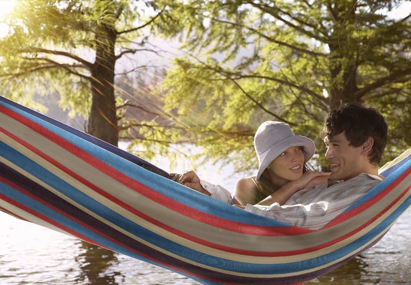Sorbus® Brazilian Double Hammock - Extra-Long Two Person Portable Hammock Bed for Indoor or Outdoor Spaces - Hanging Rope, Carrying Pouch Included (Blue/Sand/Purple/Red Stripes)