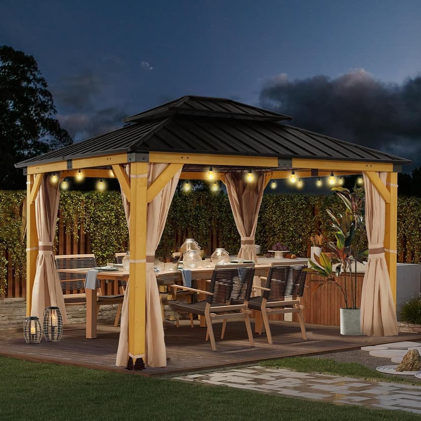 StarEcho 10'x12' Wooden Hardtop Gazebo,Wood Heavy Duty Solid Cedar Gazebos with Mosquito Netting and Waterproof Curtains,Outdoor Metal Canopy for Backyard,Lawn, Garden, Deck