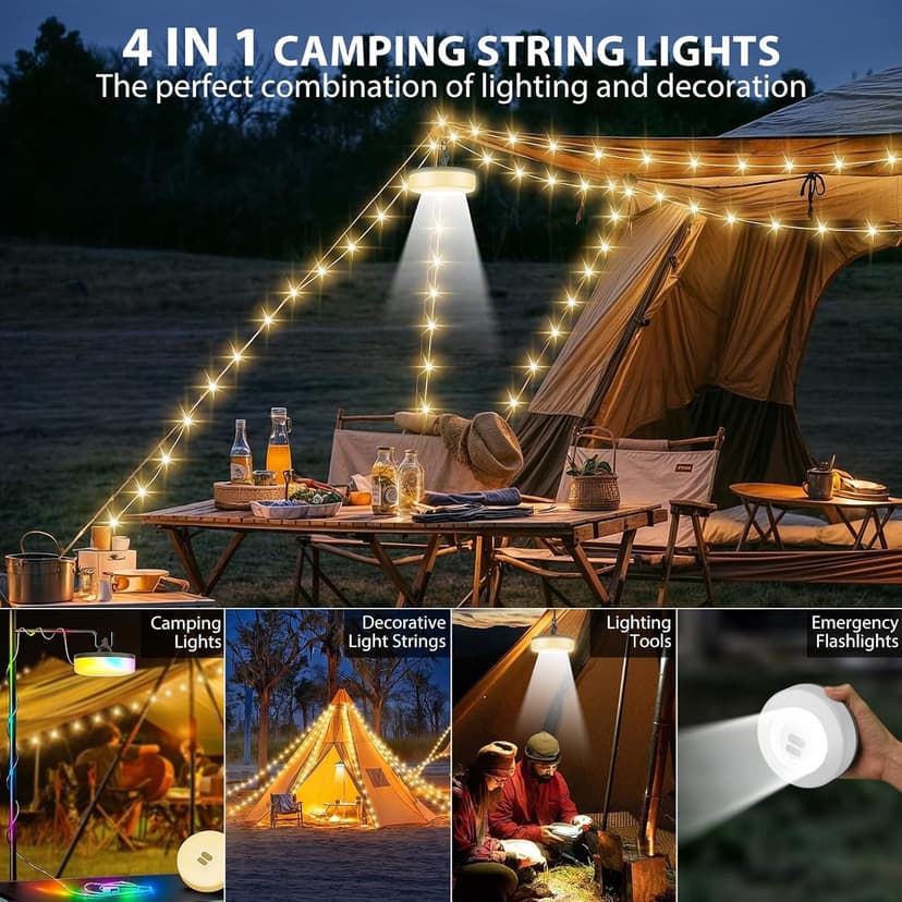 Camping String Lights, 4 in 1 Quick Storage Camping Essentials Gear 32.8FT Rechargeable Tent Lights with 9 Modes Hanging Waterproof LED Camp Lamp for Camping Hiking Patio Garden Festival -Warm +RGB