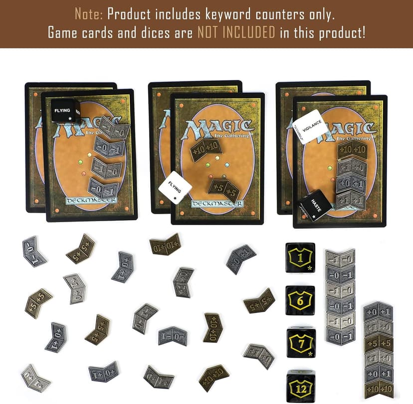 53Pcs MTG Antique Metal Buff Counter Tokens & MTG Keyword/Counters Dice Set, Magic Card Creature Stats or Loyalty Counter for TCG Card Gaming Accessories with Velvet Bag & Box