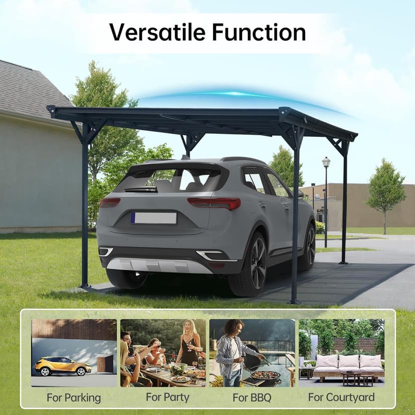 Real Relax Metal Carport 10 x 16ft with Heavy Duty Metal Frame & Pitched-Roof Polycarbonate Panel Canopy, Sturdy Canopy Shelter for Car, Truck, Pickup, SUV, Tractor, and Boat, Grey