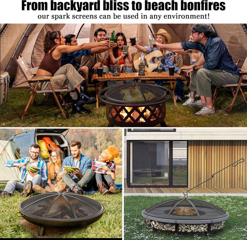 Fire Pit Spark Screen, 24Inch Fire Pit Lid Outdoor with Handle & Poker, Heavy-Duty Mesh Firepit Cove with 12 Reinforced Bars for Backyard/Beach/RV Camping
