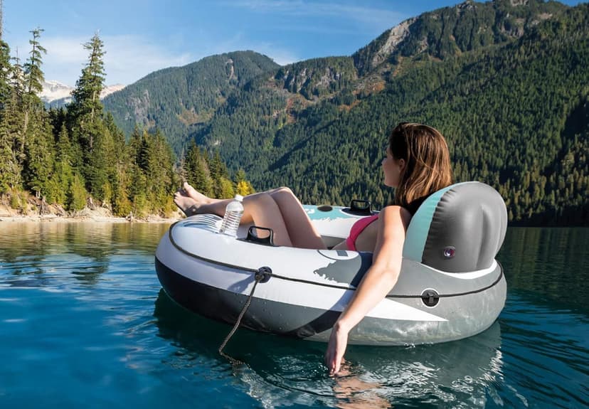 INTEX 58825EP River Run 1 Inflatable Floating Lounge: Comfortable Backrest – Built-in Cup Holders – Durable Grab Handles – All Around Grab Rope – 220lb Weight Capacity– Blue