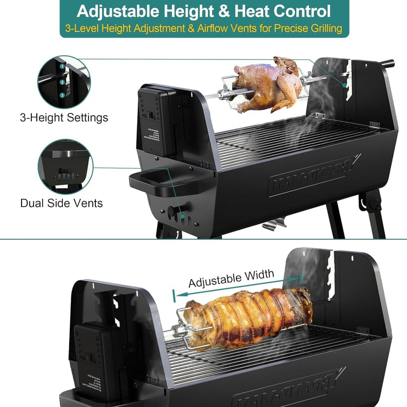 Brand-Man portable Charcoal Grill with Motor, 2-in-1 Adjustable Spit Roaster & BBQ Grill for Camping, Tailgating, Backyard, & Outdoor Cooking, Foldable Legs & dual side vents
