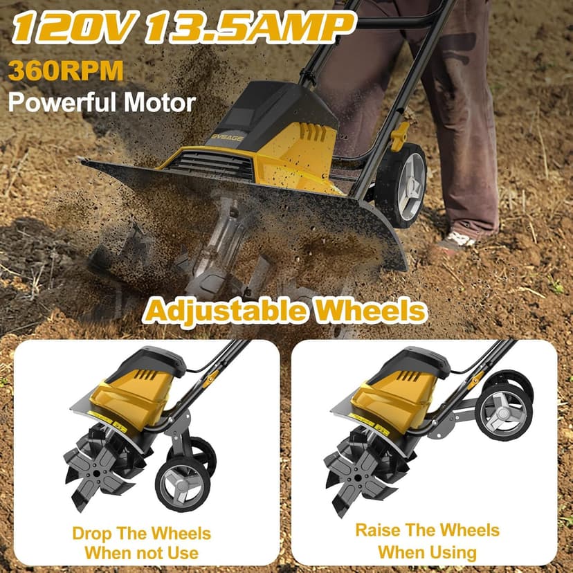 EVEAGE 18-Inch 13.5AMP Rototiller for Garden Corded Electric Tiller Machine 4'' - 8'' Farm Tilling Depth, Foldable Handle 6x4 Tines with Adjustable Wheels