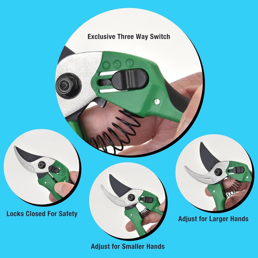 8 Inch Garden Pruner with a SK5 Carbon Steel, Non-stick, Rust Resistant Blade. Adjustable for Small and Large Hands