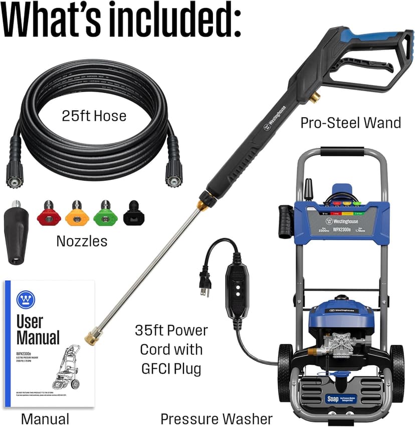Westinghouse WPX2300e Electric Pressure Washer, 2300 Max PSI and 1.76 Max GPM, Induction Motor, Onboard Soap Tank, Spray Gun and Wand, 5 Nozzle Set, for Cars/Fences/Driveways/Homes/Patios/Furniture