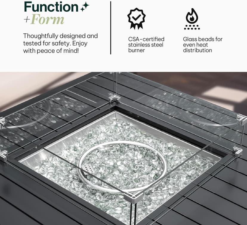 42-Inch Square Propane Gas Fire Pit Table: 50,000 BTU Aluminum Slat Top w/Lid, Stainless Steel Burner, Windguard, 8KG Glass Beads, 300D PVC Cover, CSA-Listed