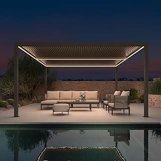 PURPLE LEAF Outdoor 12'x14' Louvered Pergola with Integrated LED Strip Lights Adjustable Aluminum Canopy Retractable Metal Roof for Deck Patio Outside Backyard Hardtop Gazebo Sun Shade