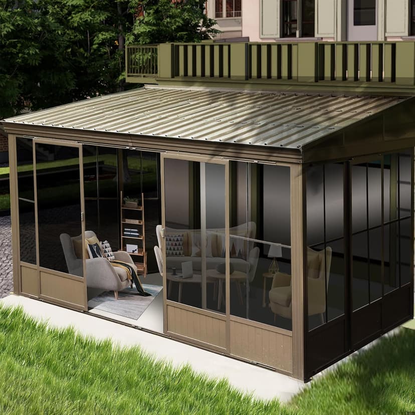 Domi 10’ x 12’ Sunroom, All-Season Wall Mounted Gazebo Solarium with Front Door, Side Entrance, Galvanized Steel Sloping Roof, PVC Screen, Outdoor Permanent Sun Room Lean to Gazebo for Deck Patio