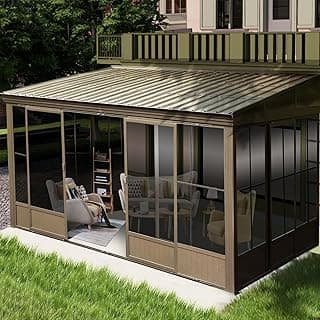 Domi 10’ x 12’ Sunroom, All-Season Wall Mounted Gazebo Solarium with Front Door, Side Entrance, Galvanized Steel Sloping Roof, PVC Screen, Outdoor Permanent Sun Room Lean to Gazebo for Deck Patio