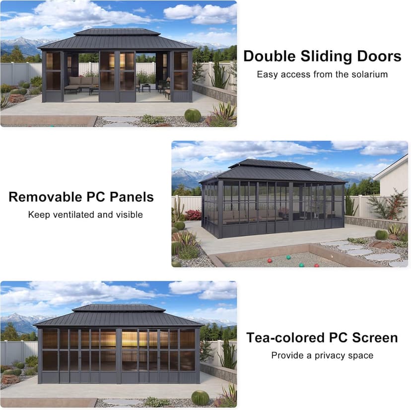 PURPLE LEAF 12' X 20' Sunroom Permanent Hardtop Gazebo Solarium Galvanized Steel Double Roof Aluminum Outdoor Screen House for Patio Deck Backyard Grey