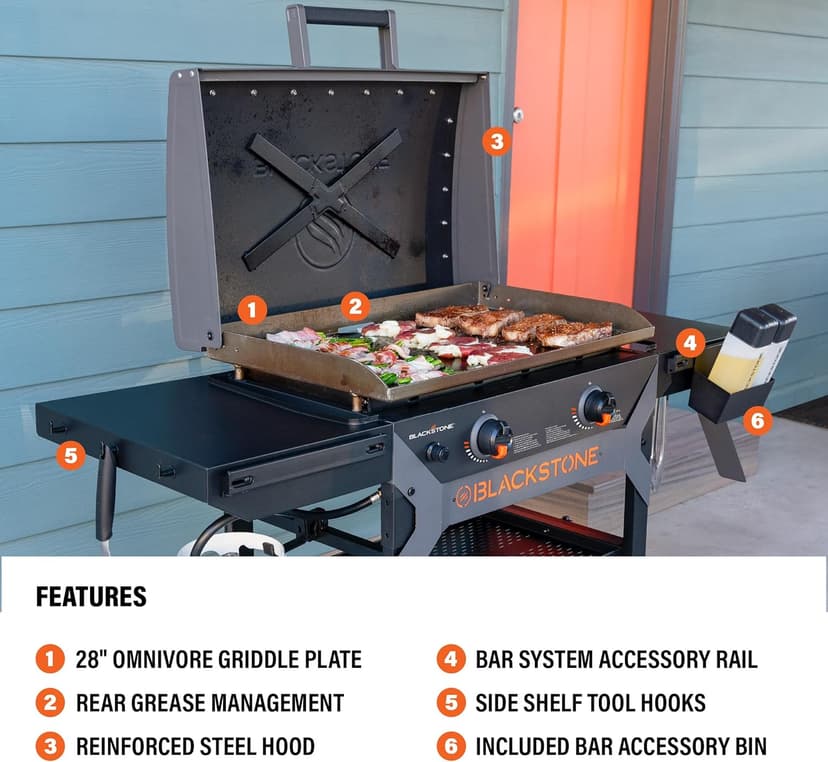 BLACKSTONE 2311 Iron Forged 28” Omnivore Griddle with X-Braced Hood, Powder Coated Steel, Black