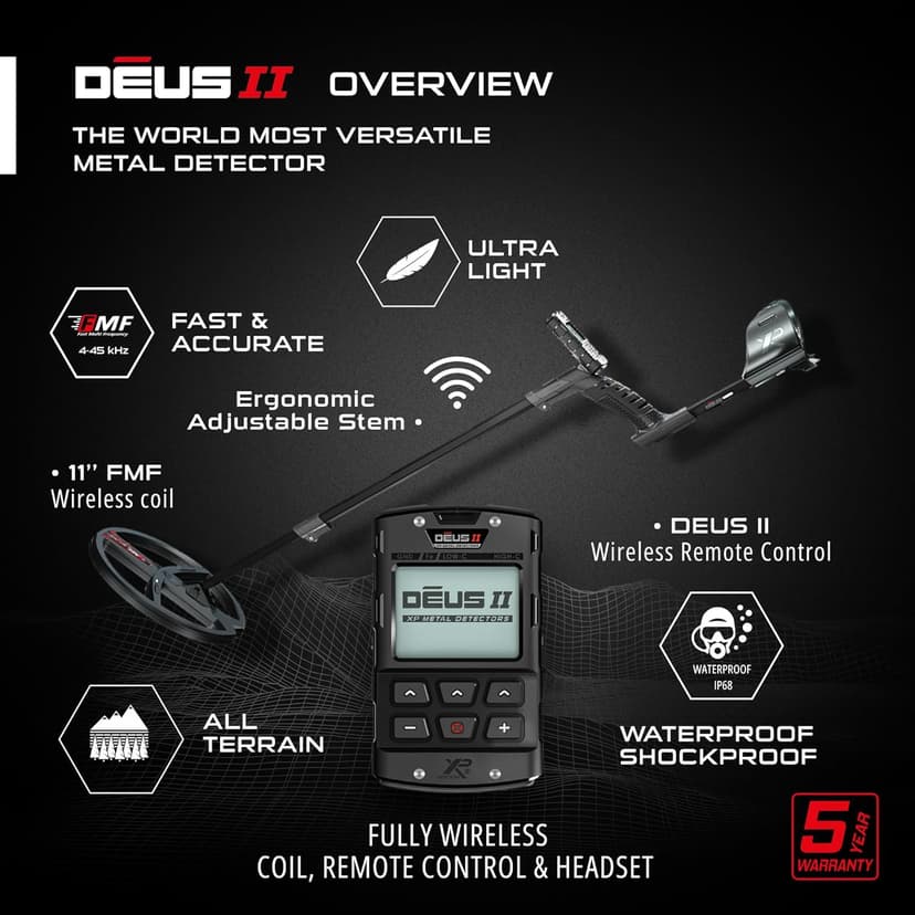 XP Deus II RC Metal Detector - 22 FMF Coil (9") - for Treasure and relic Detection - for All Terrain, XP Deus II Remote Control, S-Telescopic stem (DEUS2-22FMFRCEA)