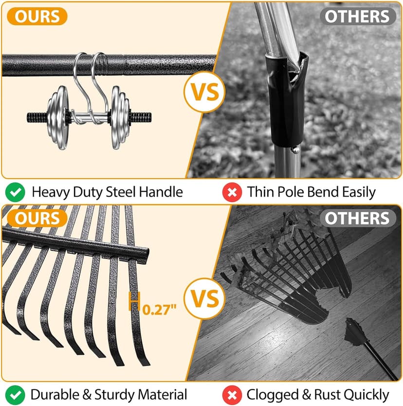 Rake, Garden Leaf Rakes for Lawns Heavy Duty, Yard Metal Rake Tools with 9" Small Narrow Rake Head, 65” Adjustable Long Handle, 11 Steel Tines, Quick Clean up Rake for Shrub, Flower Bed, Camping