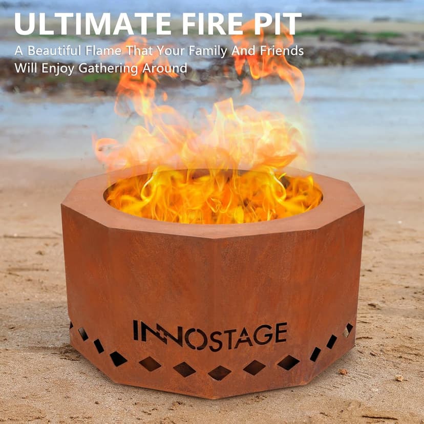 Outdoor Fire Pit - 24" Smokeless Wood Pellet Fire Pits Large for 4-6 People Campfire-Weathering Steel Material