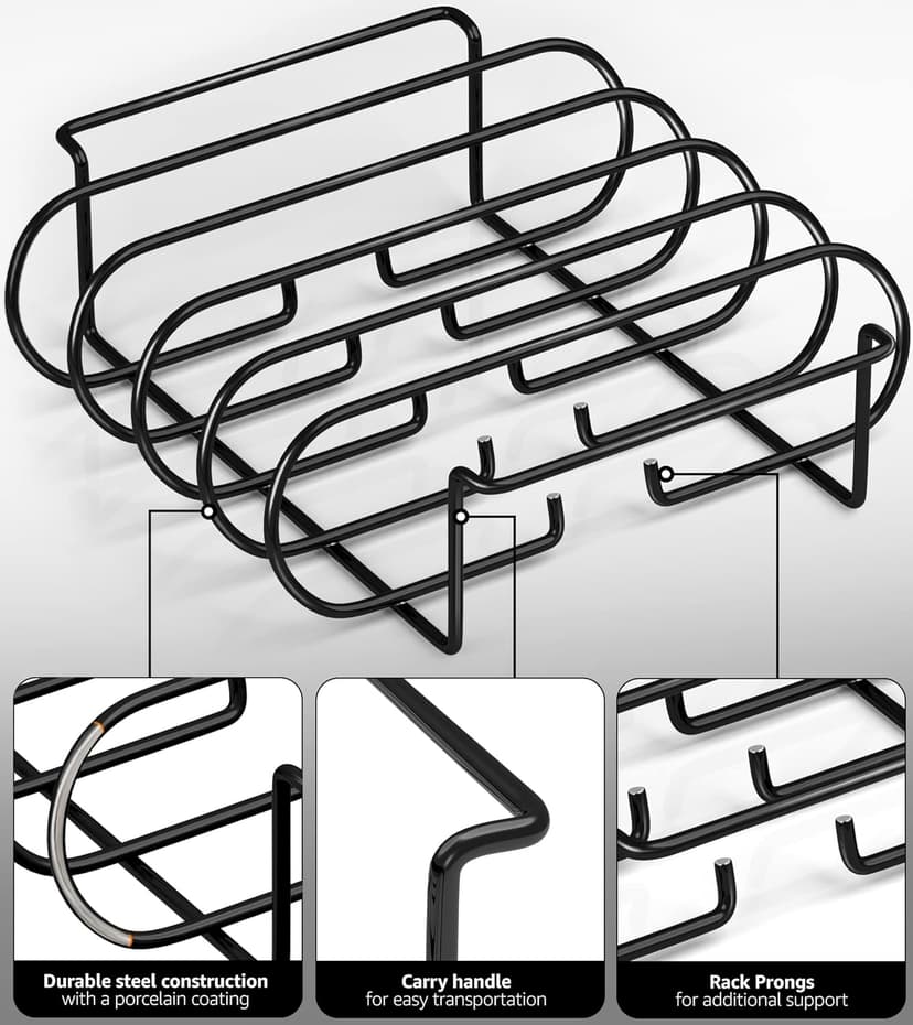 Sorbus® Non-Stick Rib Rack - Porcelain Coated Steel Roasting Stand – Holds 4 Rib Racks for Grilling & Barbecuing - Perfect BBQ Accessories for Smoker and Grill - Durable and Convenient Design (Black)