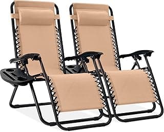 Best Choice Products Set of 2 Adjustable Steel Mesh Zero Gravity Lounge Chair Recliners w/Pillows and Cup Holder Trays - Beige