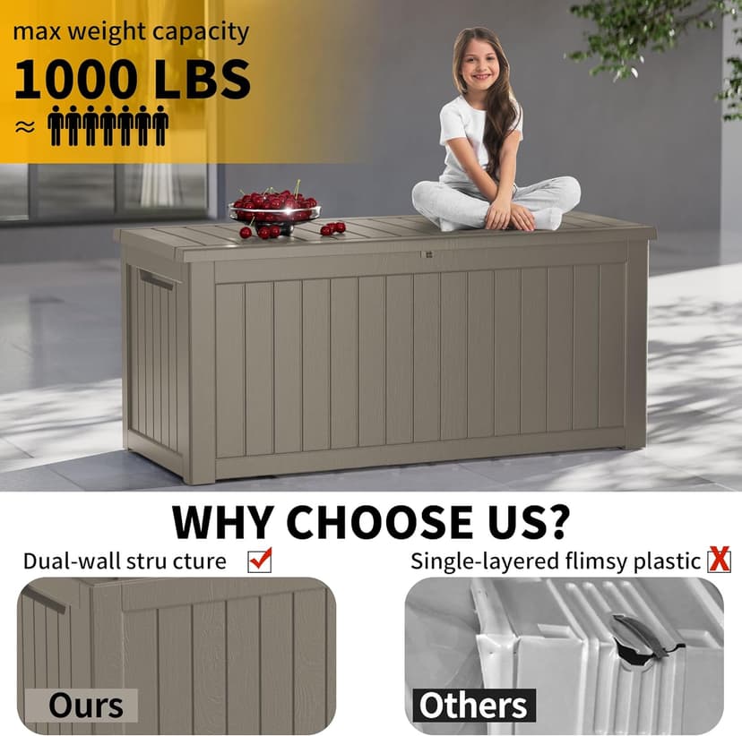 230 Gallon Lockable Resin Deck Box, Waterproof Outdoor Storage Box for Patio Furniture, Garden Tools, Pool Accessories, UV-Resistant Outside Delivery Brown