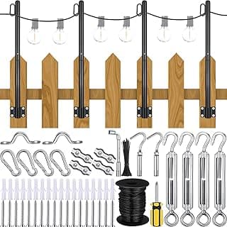Outdoor Lights Hanging Kit Globe String Light Suspension Kit 98 ft Coated Stainless Steel Wire Cable 4 Pcs String Light Poles Outside Fence Post Lights with Clip Bracket Eye Turnbuckle Hooks