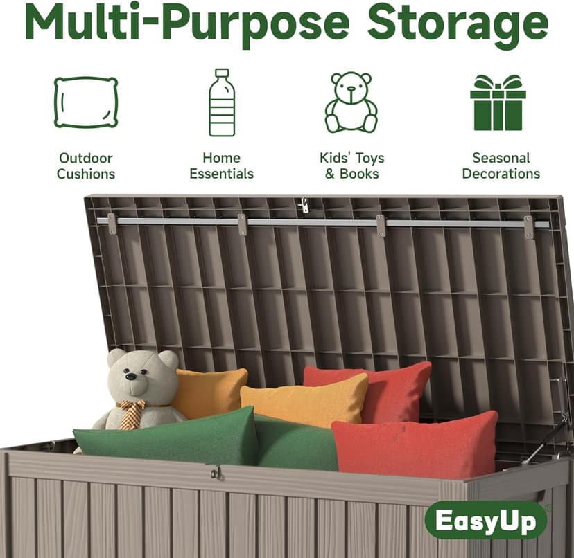 150 Gallon Outdoor Storage Box, Resin Waterproof UV-Resistant Deck Box with Hydraulic Lid Support, Reinforced Stability for Patio, Garden, and Poolside, Striped Beige