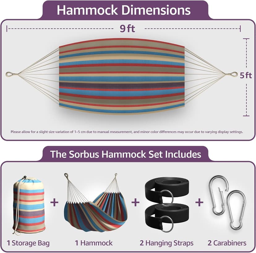 Sorbus® Brazilian Double Hammock - Extra-Long Two Person Portable Hammock Bed for Indoor or Outdoor Spaces - Hanging Rope, Carrying Pouch Included (Blue/Sand/Purple/Red Stripes)