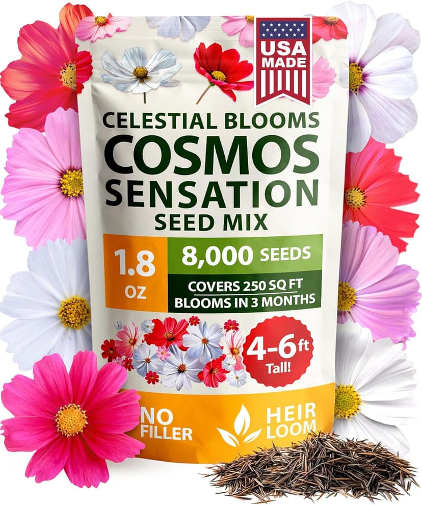HOME GROWN Cosmos Flower Seeds Bulk Pack for 2025 (1.8 oz) 8,000+ 𝗡𝗢𝗡-𝗚𝗠𝗢 𝗨𝗦𝗔-𝗦𝗢𝗨𝗥𝗖𝗘𝗗 Heirloom Annual Wildflower Seeds – Pollinator-Friendly Mix for Pollinators & Outdoor Gardens