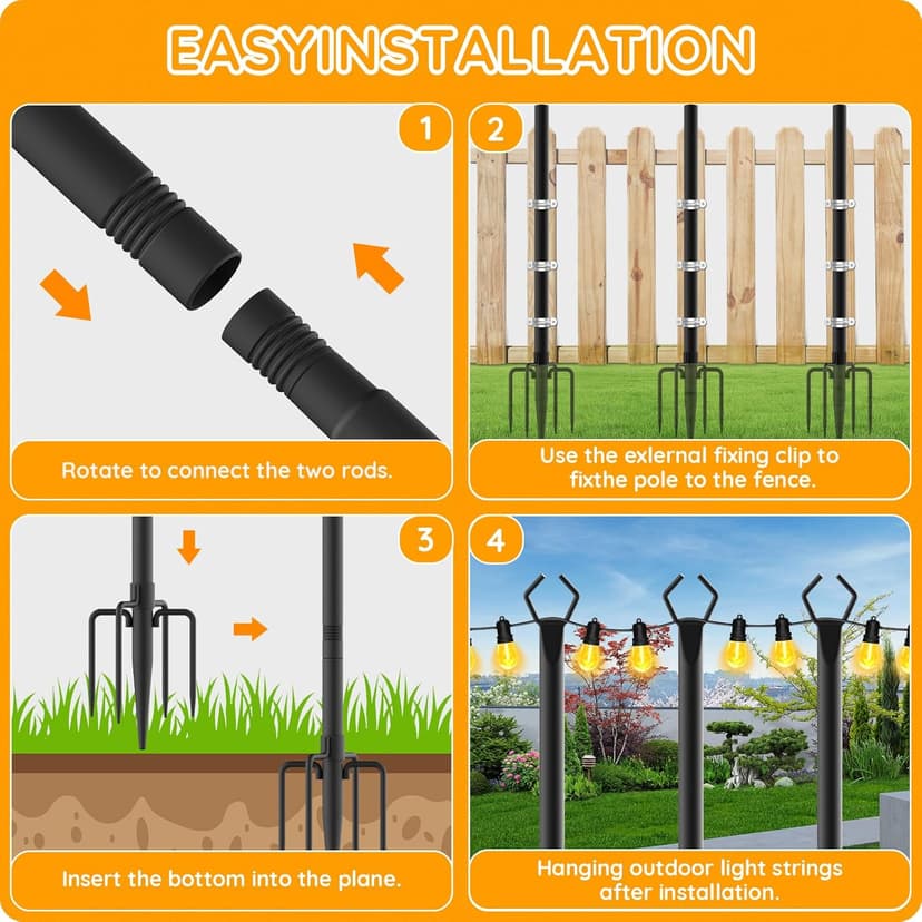 6 Pack String Light Poles, Outdoor String Light Pole 10ft Forked Metal Light Pole with Adjustable Outdoor Light Stand, Deck, Backyard, Garden, Wedding, Rustproof and Sturdy with Hooks