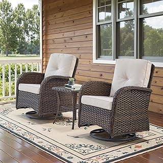 Patio Wicker Chairs Swivel Rocker - Outdoor Swivel Rocking Chairs Set of 2 with Rattan Side Table, Patio Swivel Glider Chair 3 Piece Patio Furniture Sets for Deck Porch Pool Brown/Beige