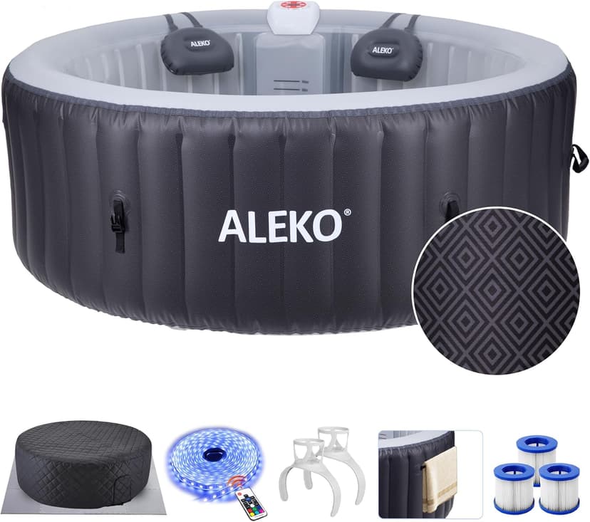 ALEKO Diamond 4-Person Inflatable Jetted Hot Tub | 120 Soothing Bubble Jets | Energy Efficient Cover | LED Lights with 7 Lights | 360-Degree Bubble Massage | 211 Gallon Water Capacity