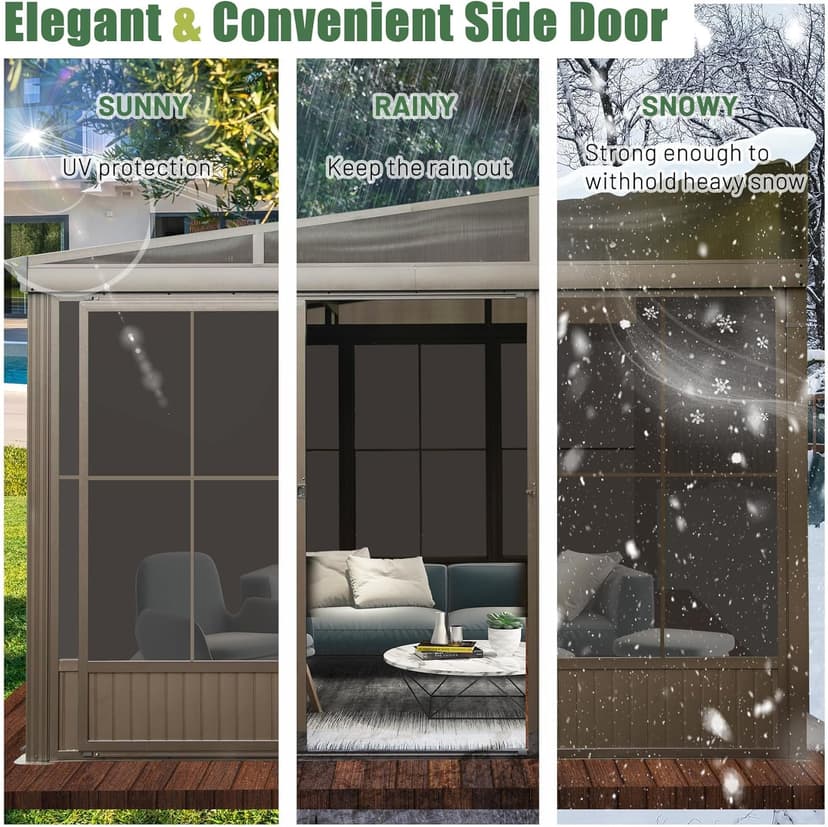 Domi 10’ x 12’ Sunroom, All-Season Wall Mounted Gazebo Solarium with Front Door, Side Entrance, Galvanized Steel Sloping Roof, PVC Screen, Outdoor Permanent Sun Room Lean to Gazebo for Deck Patio