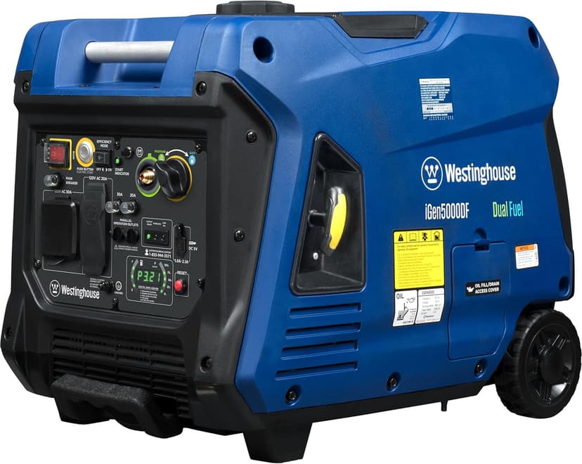 Westinghouse 5000 Peak Watt Super Quiet Dual Fuel Portable Inverter Generator, Remote Electric Start, Gas & Propane Powered, RV Ready 30A Outlet, Parallel Capable, Blue/Black