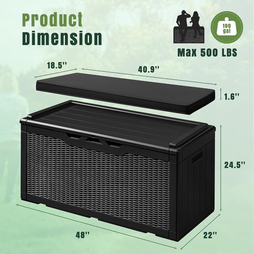 Greesum 100 Gallon Resin Deck Box Large Outdoor Storage with Cushions for Patio Furniture, Garden Tools, Pool Supplies, Weatherproof and UV Resistant, Lockable, Black