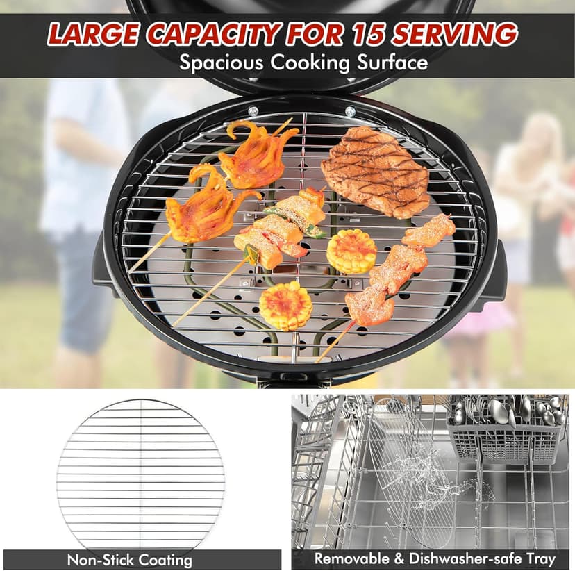 HAPPYGRILL 1600W Outdoor Electric Grill BBQ Grill for 15-Serving, Electric Barbecue Grill for Indoor & Outdoor Use, Portable Stand BBQ Grill for Patio Balcony Kitchen Garden