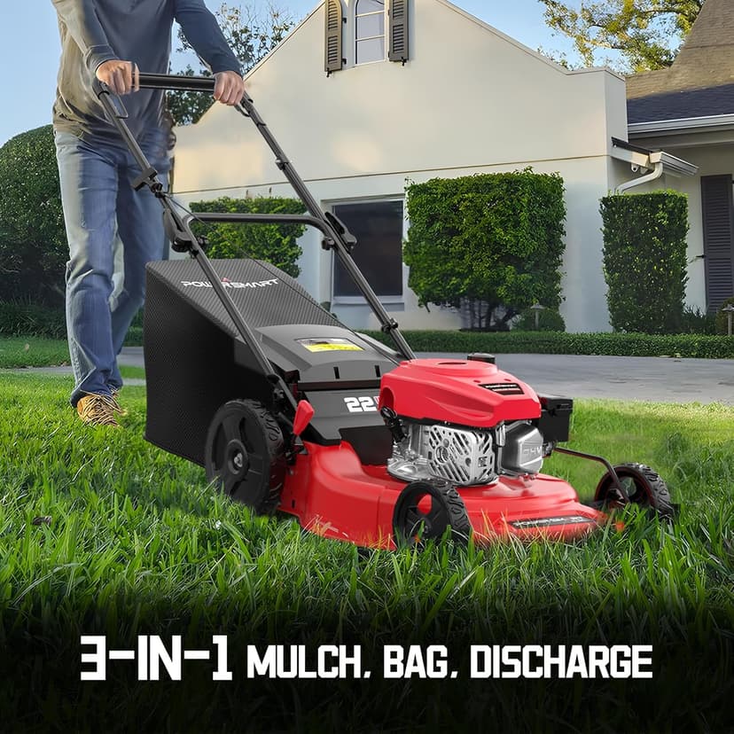 PowerSmart Self Propelled Gas Lawn Mower, 22 in. with 170cc OHV Engine, 3-in-1 Rear-Wheel-Drive High Wheels, Red