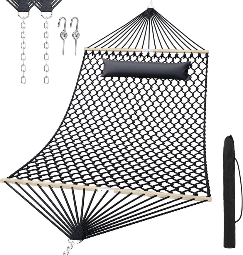 13FT Hammocks, Traditional Hand Woven Cotton Rope Hammock with Free Extension Chains for Outdoor Indoor Patio Yard 450 LSB Capacity for Two Person (Dark Grey)