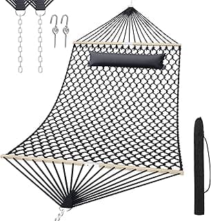 13FT Hammocks, Traditional Hand Woven Cotton Rope Hammock with Free Extension Chains for Outdoor Indoor Patio Yard 450 LSB Capacity for Two Person (Dark Grey)