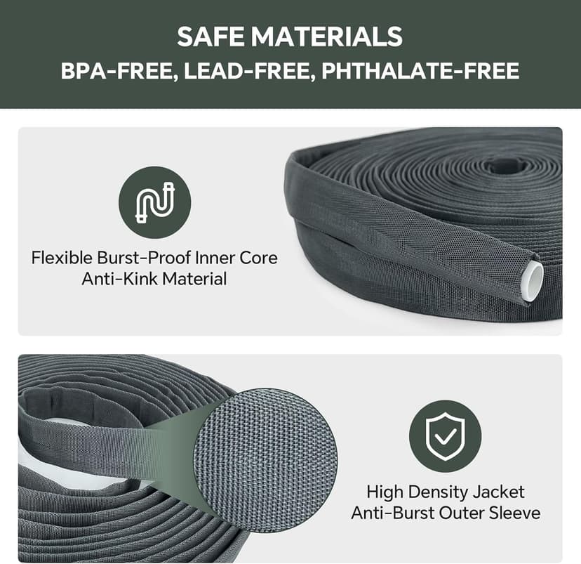 50ft Non-Expanding Garden Hose – Ultra-Light, Kink-Free, High-Pressure, Abrasion-Resistant, Durable, All-Weather, Eco-Friendly, Black&Gray