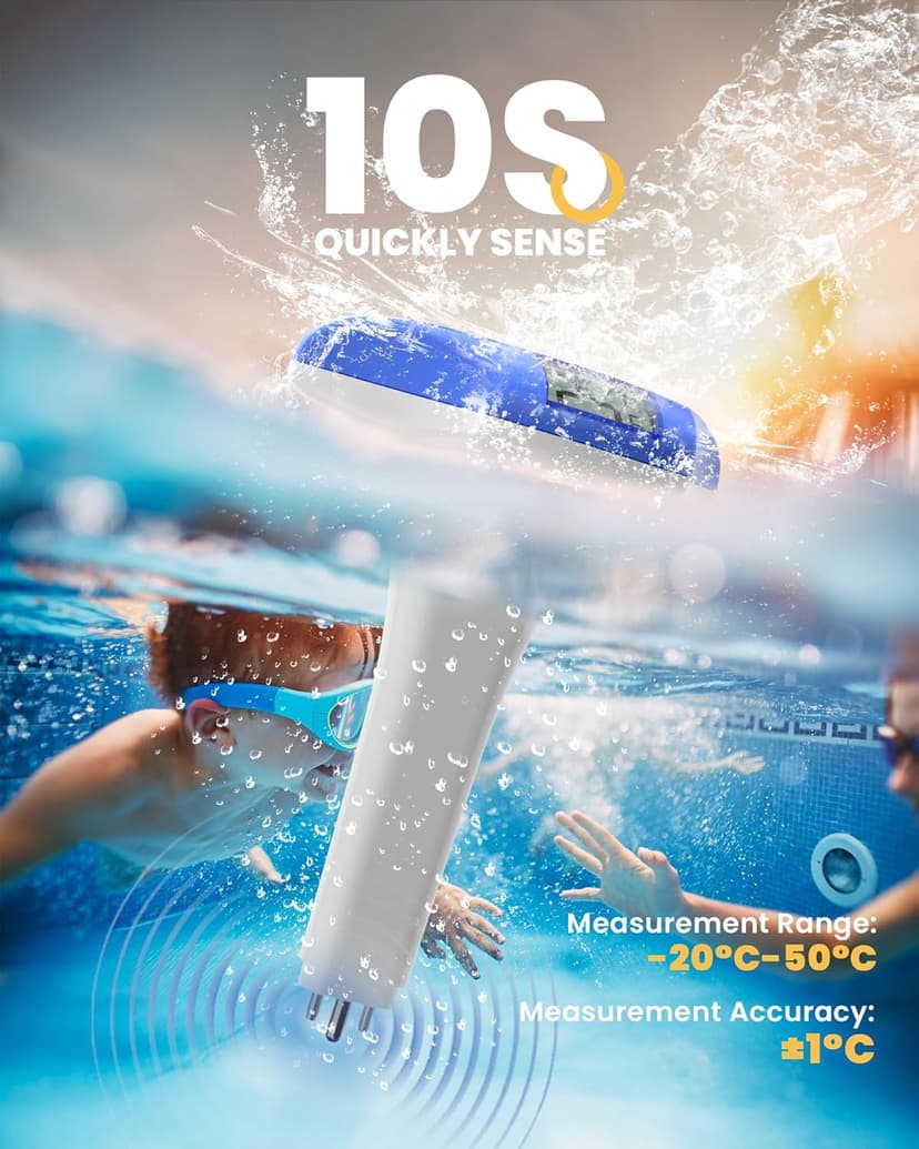 Solar Digital Pool & Spa Thermometer, Weather Resistant Floating Thermometer, IPX-8 Water Proof, 10s Measuring Cycle, Solar Powered with Over 180 Days Battery Life