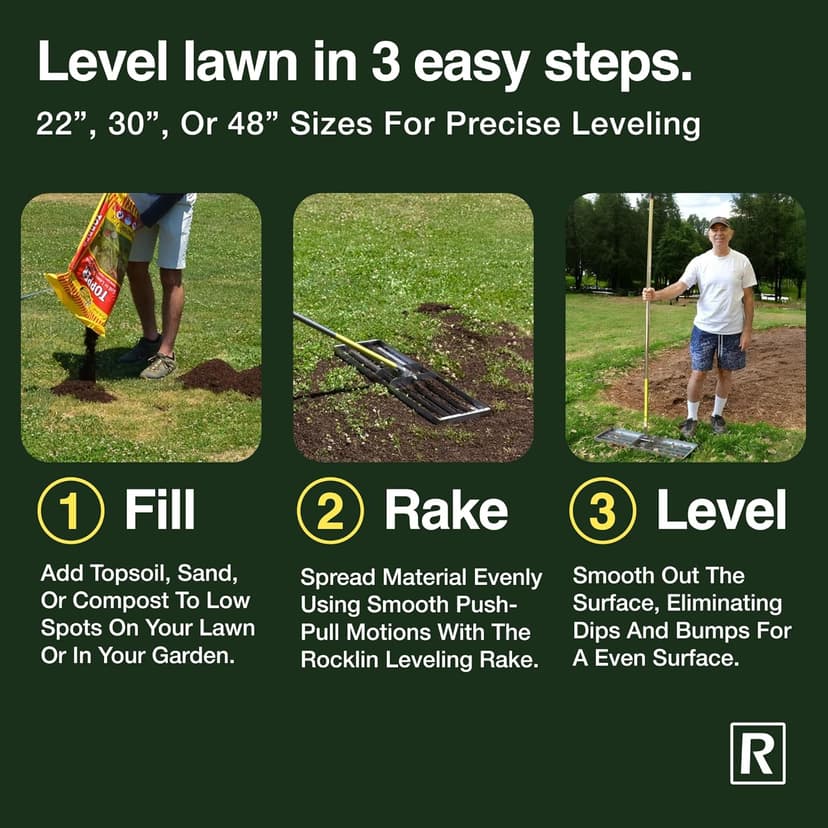 Rocklin™ Lawn Leveling Rake | Levelawn Tool | Level Soil or Dirt Ground Surfaces Easily | 30” x 10” Ground Plate | 78” Extra Long Handle | Stainless Steel