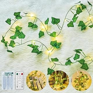 Minetom Fake Vine Lights for Bedroom, 21ft 60LED Fairy Lights Battery Operated with Remote Control, 8 Lighting Modes Fake Ivy Vines String Light for Bedroom Room Wall Wedding Christmas, Warm White