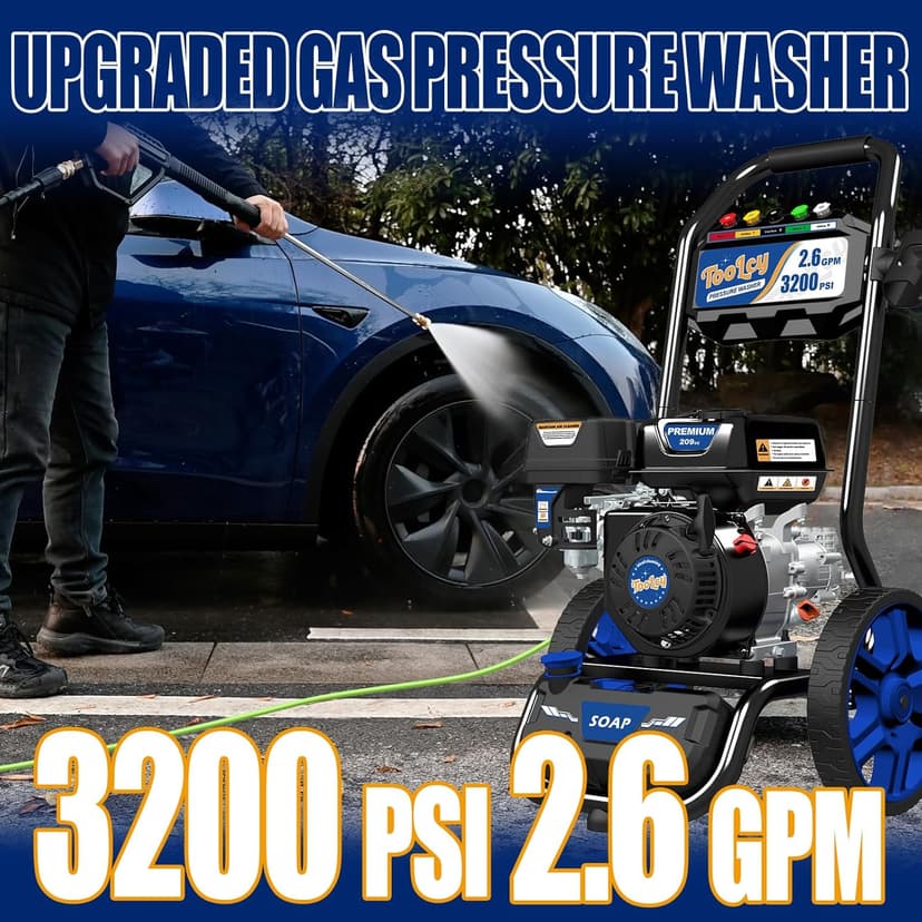 TOOLCY Gas Pressure Washer 3200 PSI & 2.6 GPM, High Performance Engine, Includes Swivel Spray Gun and Wand, 35FT Power Washer Hose, 5 Nozzle Tips, Onboard Soap Tank, for Cars/Driveways/Homes