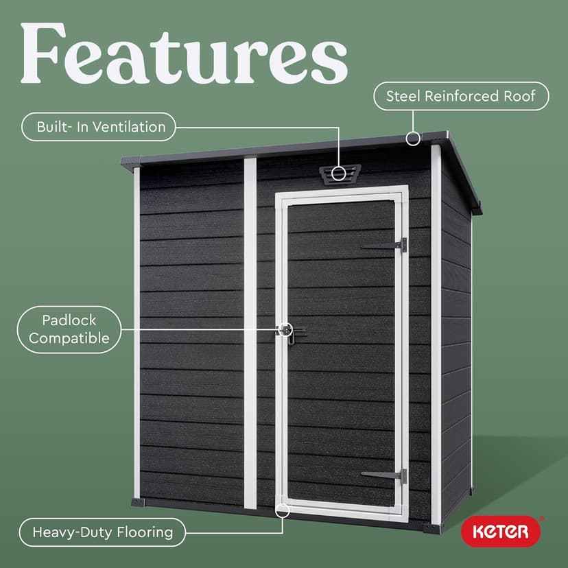 Keter Essential Shed 6x4 Resin Outdoor Storage Shed Ideal Storage for Patio Furniture, Garden Tools Bike Accessories, Beach Chairs and Lawn Mower, Black and White