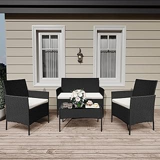 4 Pieces Patio Furniture Sets, Outdoor Wicker Conversation Sets with Soft Cushion and Glass Table, All Weather Manual Rattan Chairs for Garden, Terrace, Porch, Lawn, Poolside, Black and Beige