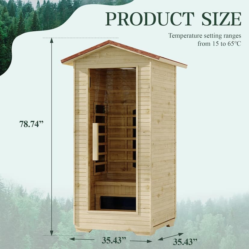 1 Person Outdoor Infrared Sauna - 3D Fast Heating Home Spa Sauna w/Chromotherapy Light, Wooden Sauna Room Kit w/Bluetooth Speaker (CE Certified,110V)