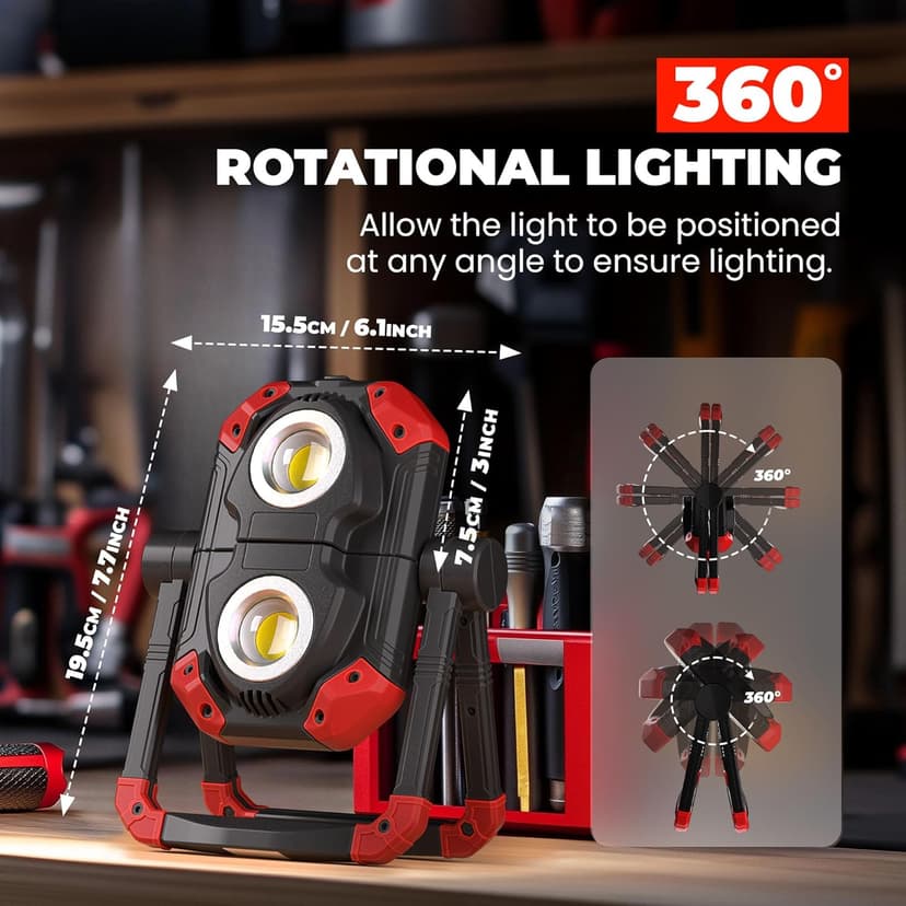 Yzoni 2 Pack LED Work Light Rechargeable, 2 COB 2500LM Folding Portable Flood Light with Magnetic Base and 360° Rotation Stand, Spotlights for Camping Car Repairing Emergency Job Site Lighting