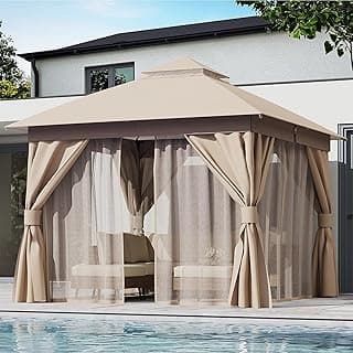 LAUSAINT HOME Outdoor Patio Gazebo 10'x10' with Expansion Bolts, Heavy Duty Party Tent & Shelter with Double Roofs, Mosquito Nettings and Privacy Screens for Backyard, Garden, Lawn, Champagne Khaki