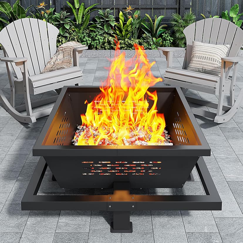 43" Large fire Pit, Square Outdoor Fire Pit with Pocker, Hight Quality Wood Burning Fire Pit for Camping, Backyard, Patio